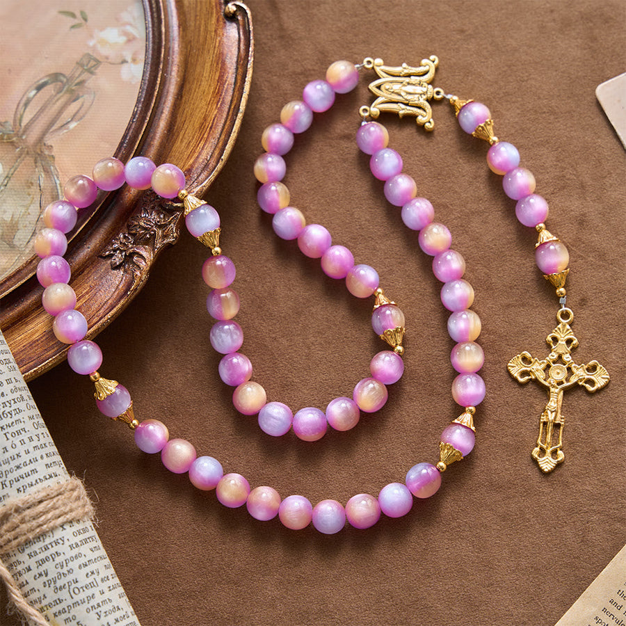 Gradient Iridescent Cat’s Eye Bead Crucifix & Arched Our Lady Prayer Rosary