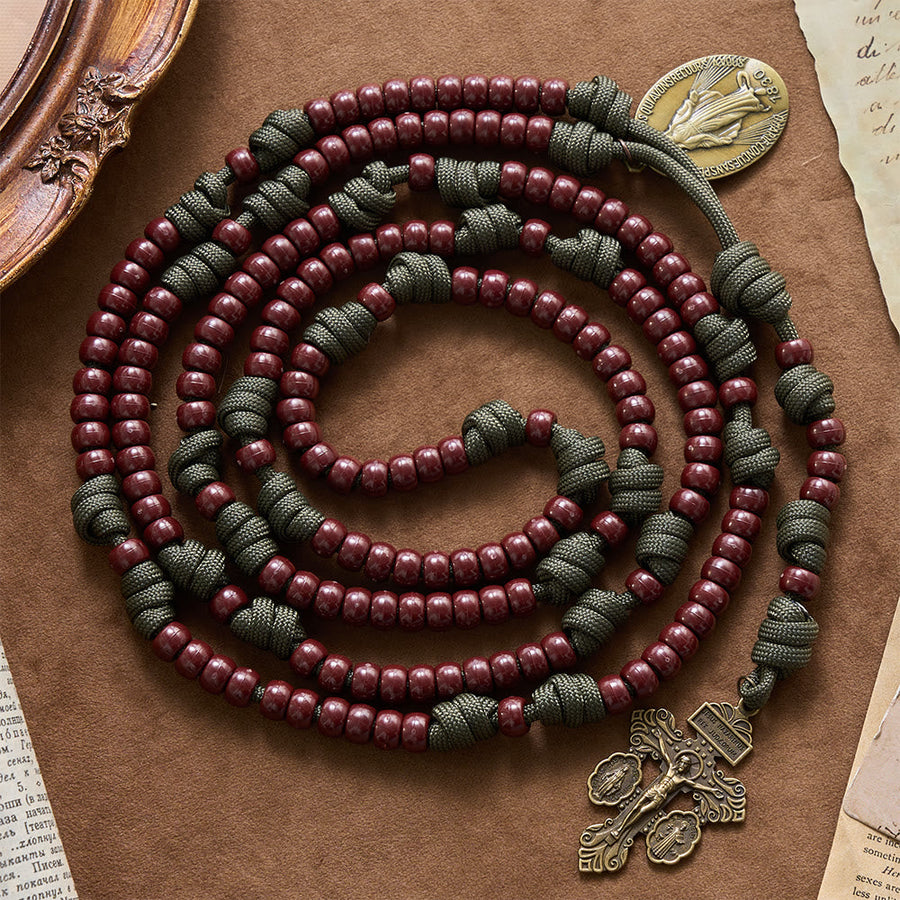 15 Decade Paracord Brown Barrel Bead Miraculous Medal Triple Panel Crucifix Rosary