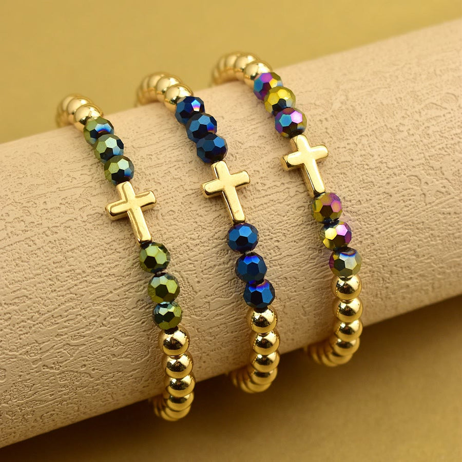 Bohemian Style Three Piece Multicolor Bead Mini Cross Bracelet Set: Timeless Emblem of Gentle Heavenly Guardianship