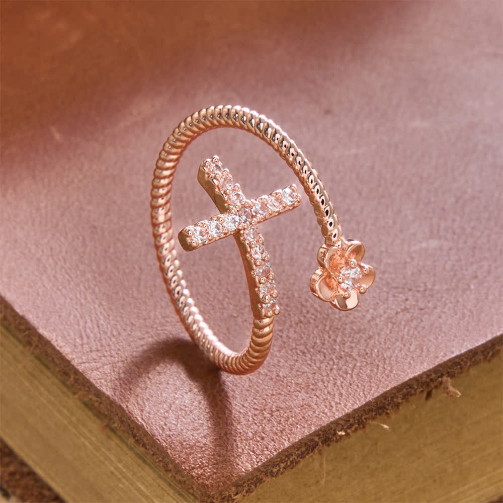 Open Cuff Ring with Pave Zircon Cross and Flower Zircon Accent: A Symbol of Tender Grace & Steadfast Sacred Faith