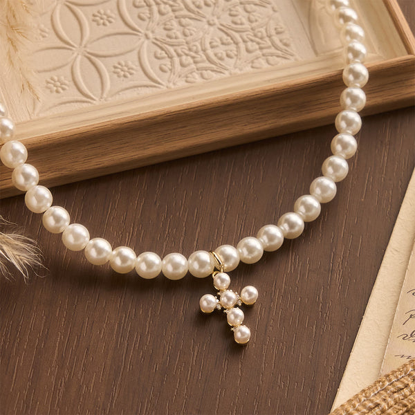 Elegant Imitation Pearl Bead Mini Pearl Cross Pendant Choker Necklace: Timeless Emblem of Gentle Heavenly Guardianship