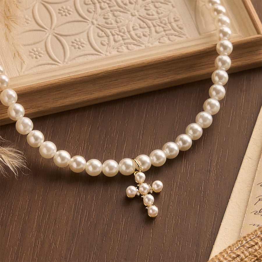 Elegant Imitation Pearl Bead Mini Pearl Cross Pendant Choker Necklace: Timeless Emblem of Gentle Heavenly Guardianship