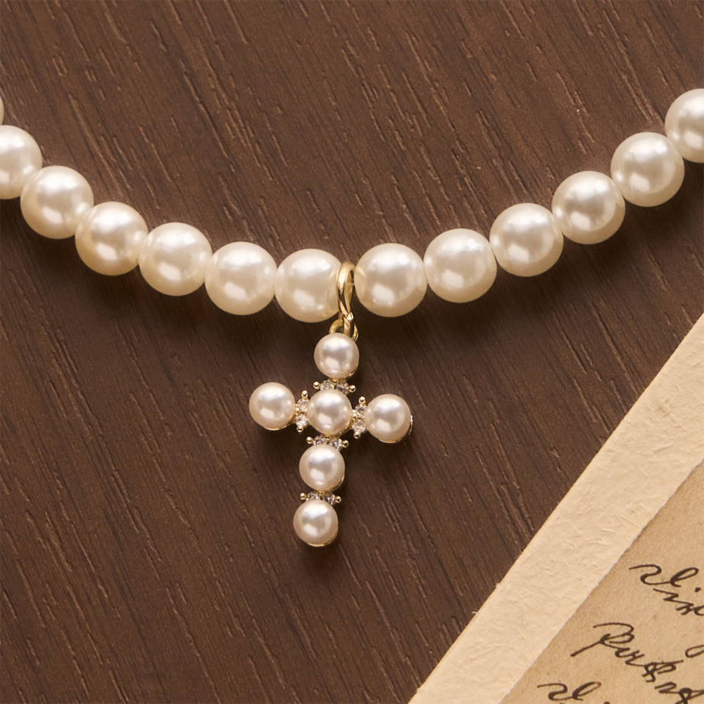 Elegant Imitation Pearl Bead Mini Pearl Cross Pendant Choker Necklace: Timeless Emblem of Gentle Heavenly Guardianship