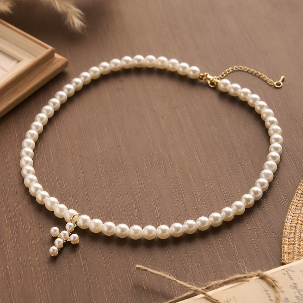 Elegant Imitation Pearl Bead Mini Pearl Cross Pendant Choker Necklace: Timeless Emblem of Gentle Heavenly Guardianship