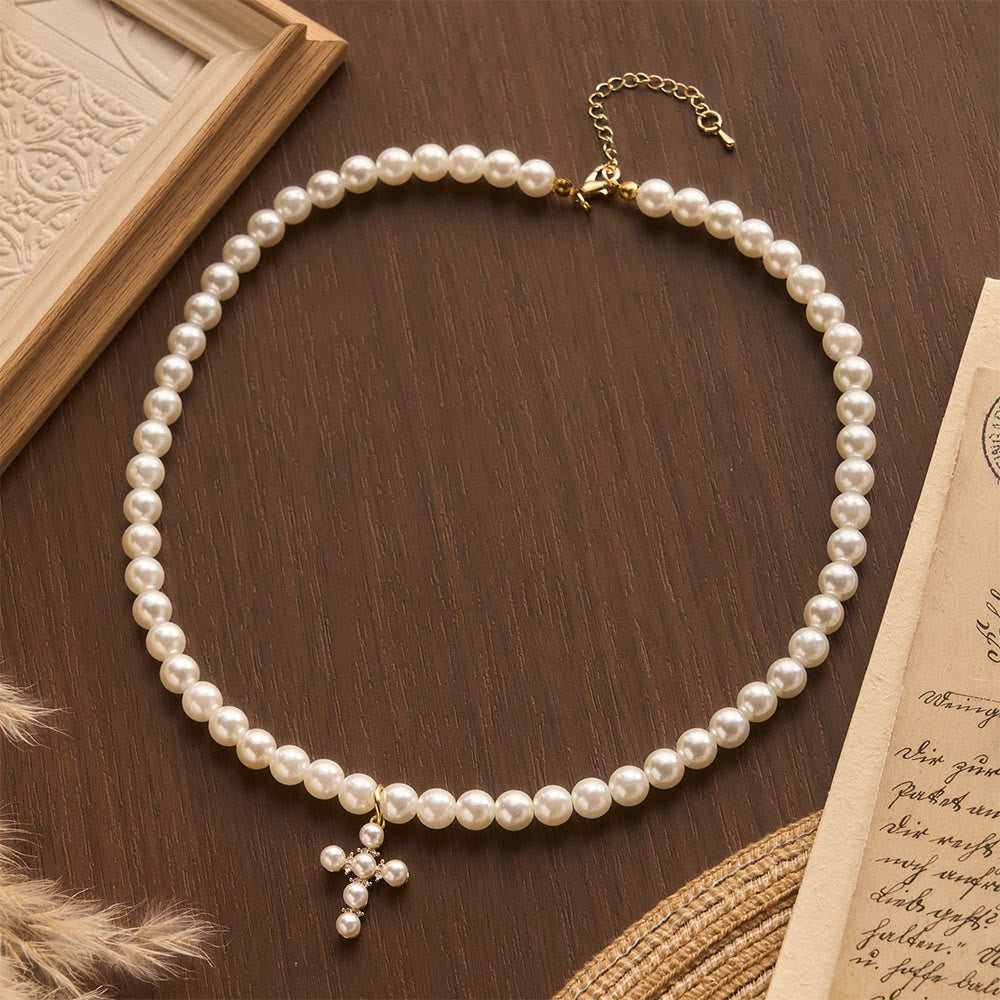 Elegant Imitation Pearl Bead Mini Pearl Cross Pendant Choker Necklace: Timeless Emblem of Gentle Heavenly Guardianship