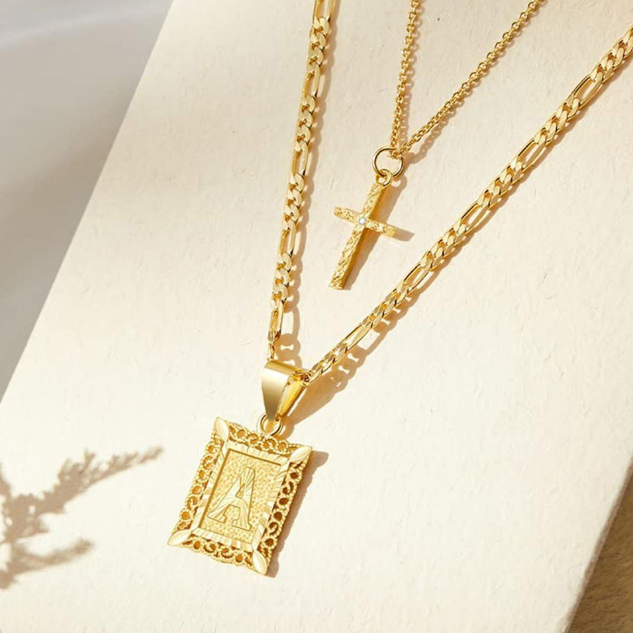 Dainty Stackable Two Tier Rhinestone Cross A To Z Initial Tag Figaro Chain Necklace: Timeless Emblem of Gentle Heavenly Guardianship