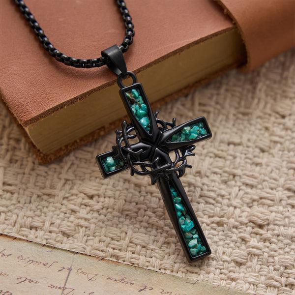 Western Bohemian Crushed Turquoise Inlaid Thorn Cross Necklace: Timeless Emblem of Gentle Heavenly Guardianship