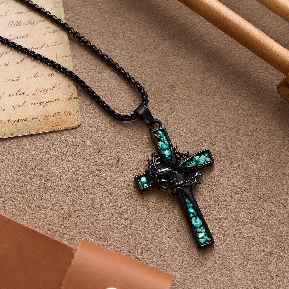 Western Bohemian Crushed Turquoise Inlaid Thorn Cross Necklace: Timeless Emblem of Gentle Heavenly Guardianship