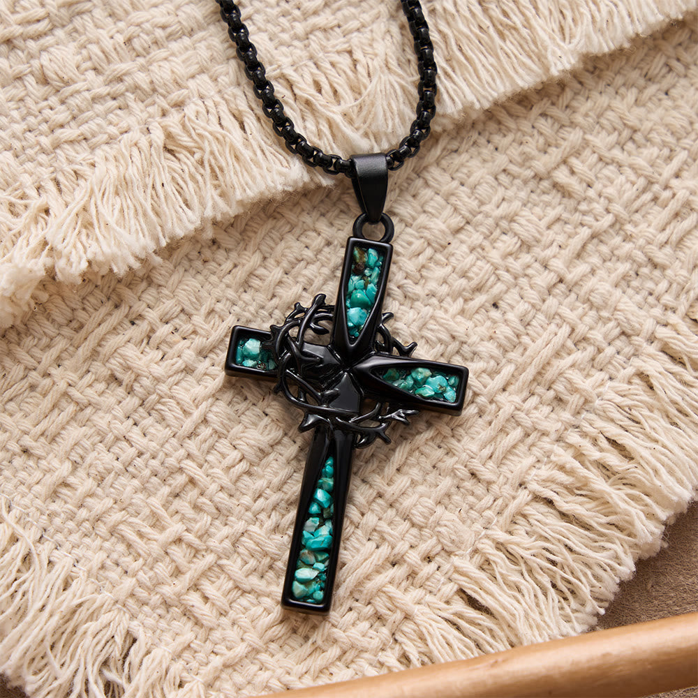 Western Bohemian Crushed Turquoise Inlaid Thorn Cross Necklace: Timeless Emblem of Gentle Heavenly Guardianship