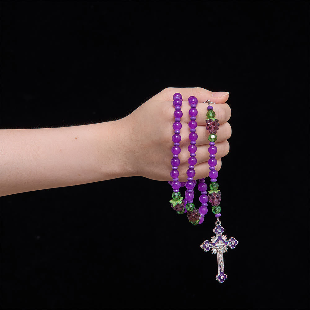 Grape Shaped Glass Bead Rosary With Enamel Crucifix: Emblem of Eucharistic Heavenly Blessing
