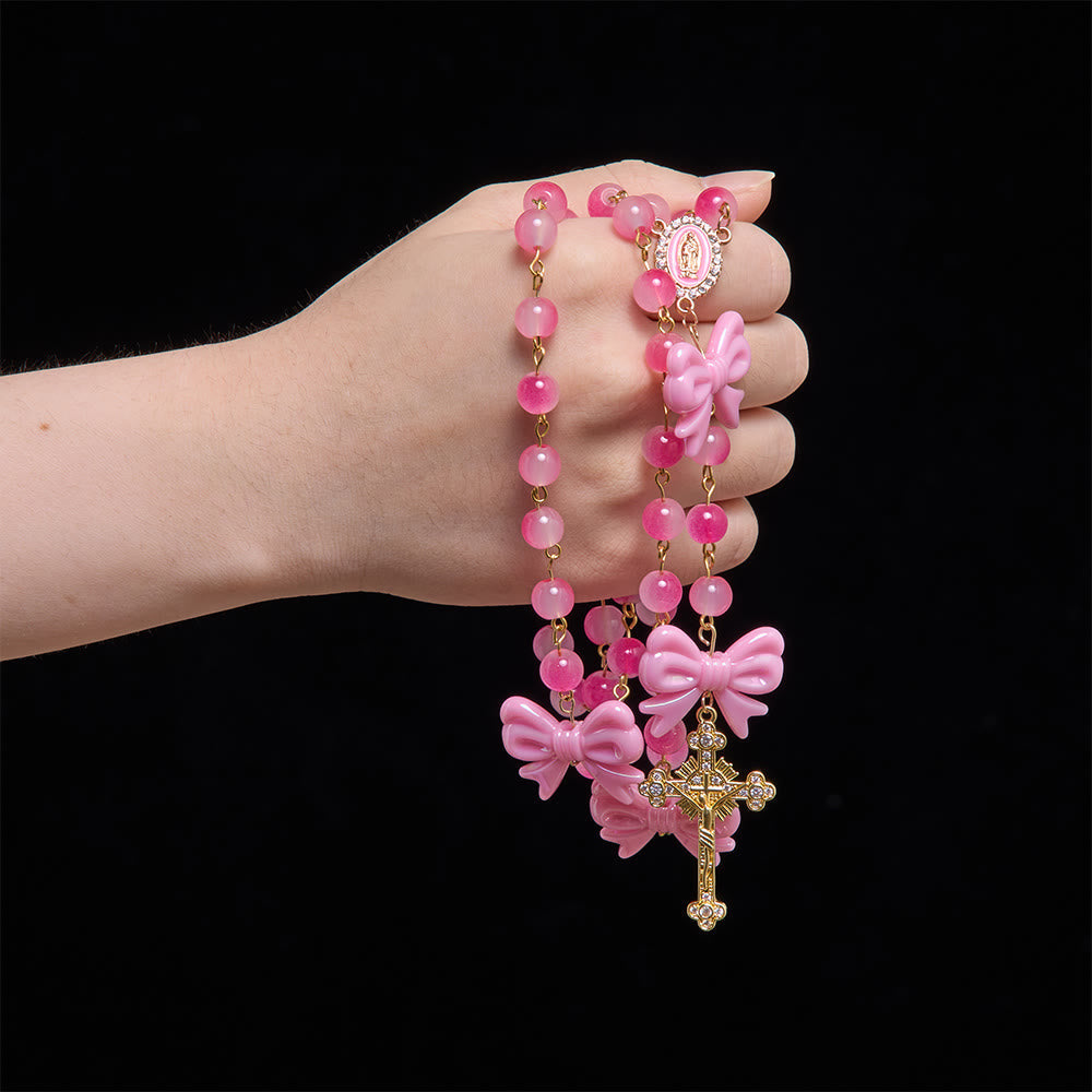 Girly Dual-Tone Gradient Bead Rosary With Glossy Resin Bows & Jeweled Gold Crucifix