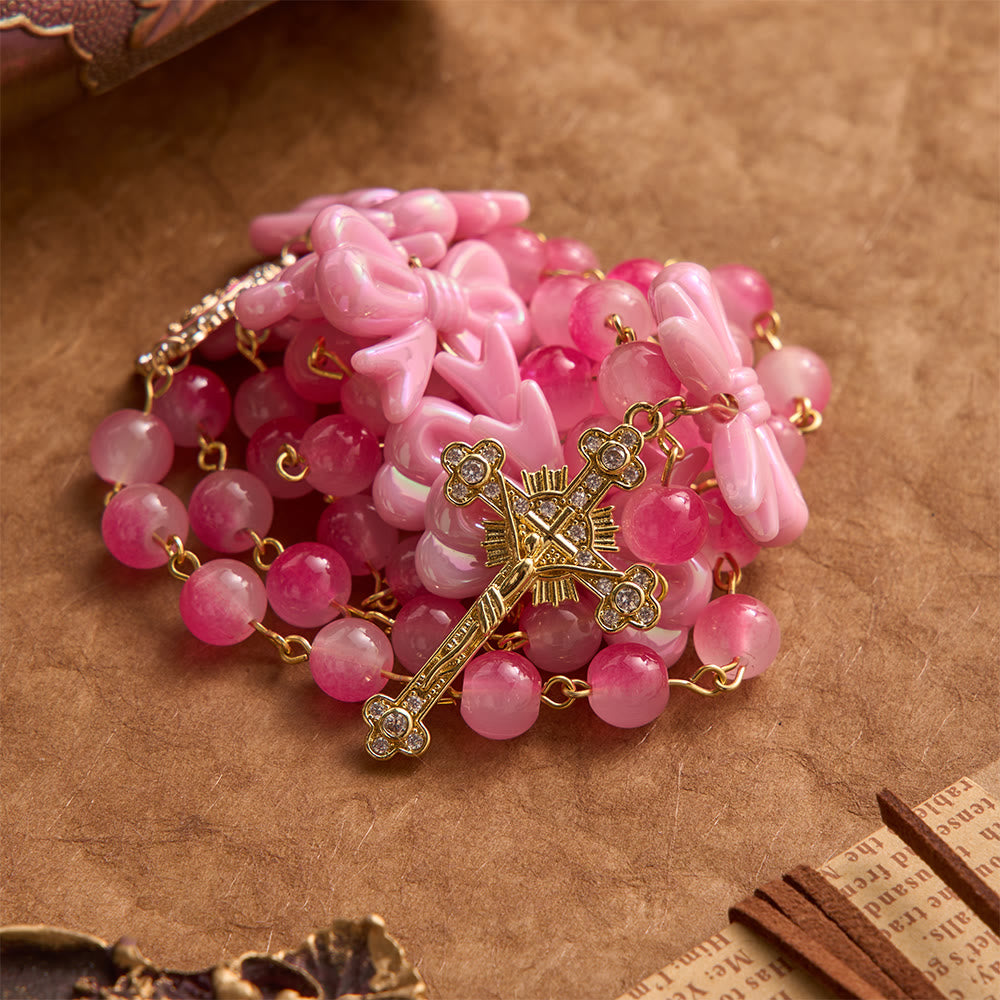 Girly Dual-Tone Gradient Bead Rosary With Glossy Resin Bows & Jeweled Gold Crucifix