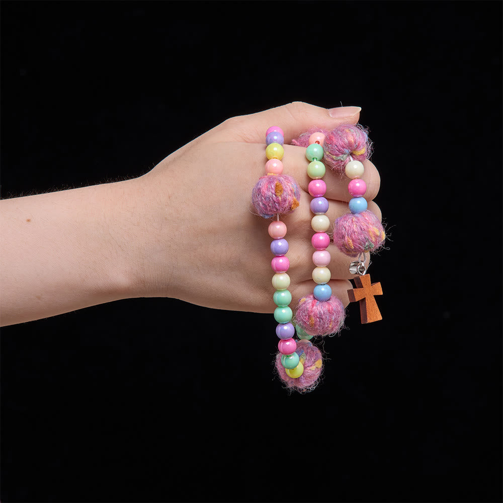 Fluffy Pom-Pom Macaron Bead Kids Rosary With Wooden Cross: Emblem of Innocent Heavenly Kindness