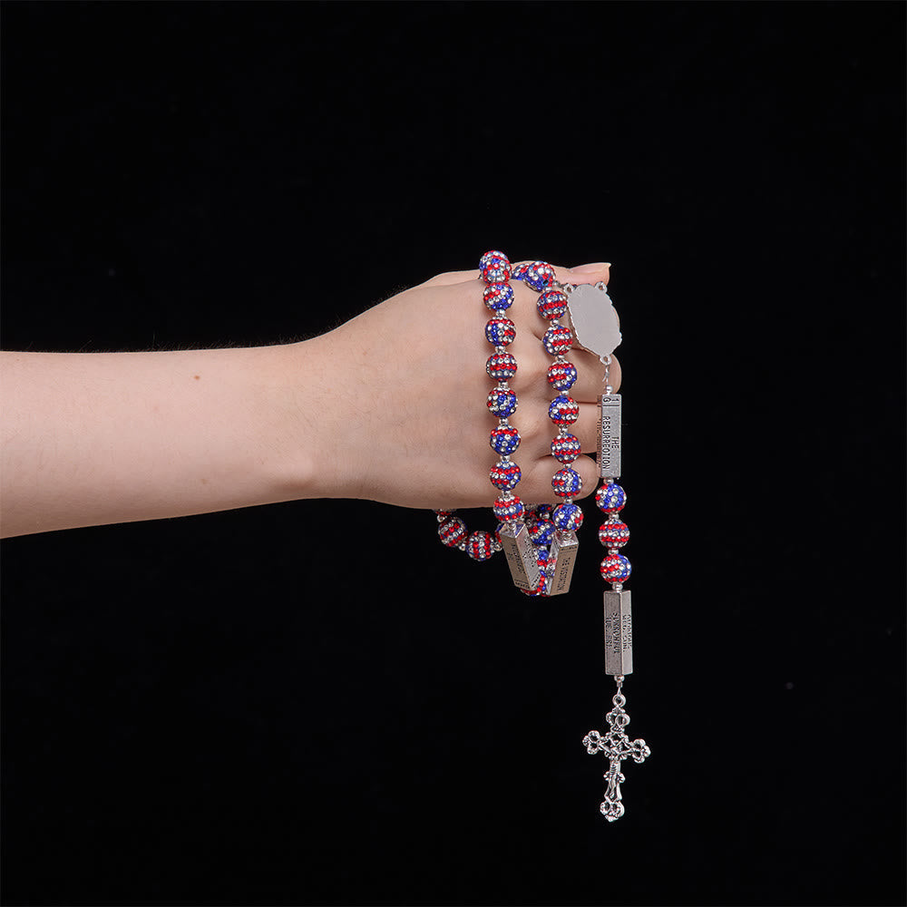 American Flag-Tone Rhinestone Scripture Bar Rosary With Antique Crucifix: Emblem of Faithful Heavenly Allegiance
