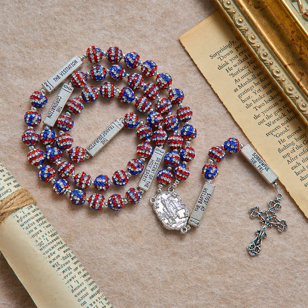 American Flag-Tone Rhinestone Scripture Bar Rosary With Antique Crucifix: Emblem of Faithful Heavenly Allegiance