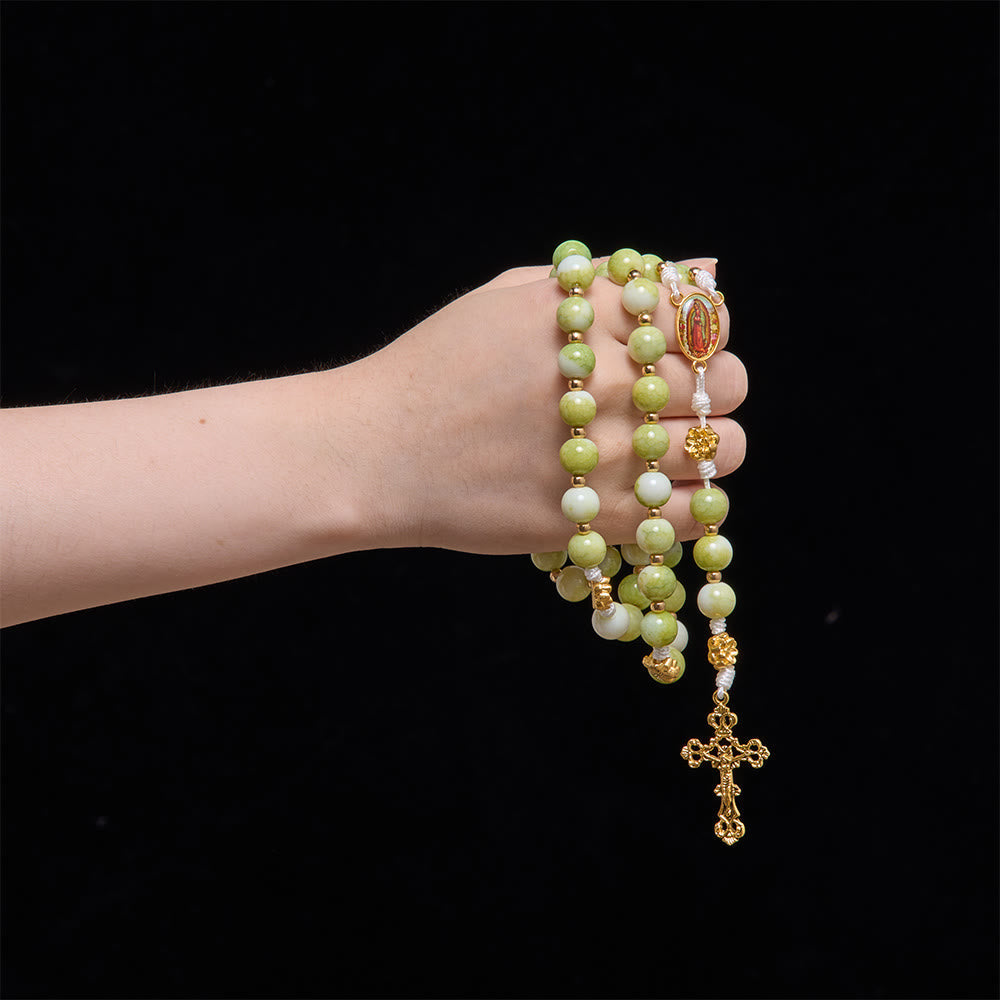 Fresh Lotus Spacer Jade-Toned Rosary With Ornate Carved Crucifix: Emblem of Pure Heavenly Serenity