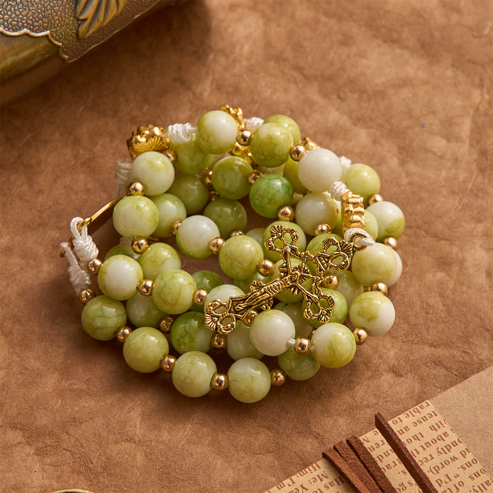 Fresh Lotus Spacer Jade-Toned Rosary With Ornate Carved Crucifix: Emblem of Pure Heavenly Serenity