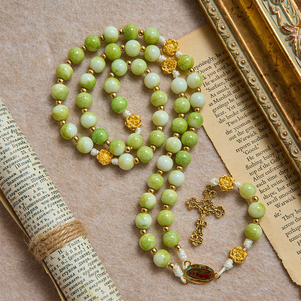 Fresh Lotus Spacer Jade-Toned Rosary With Ornate Carved Crucifix: Emblem of Pure Heavenly Serenity
