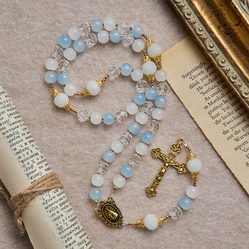 Cool Summer Glass Rosary With Faceted Glass & Our Lady of Aparecida Medallion