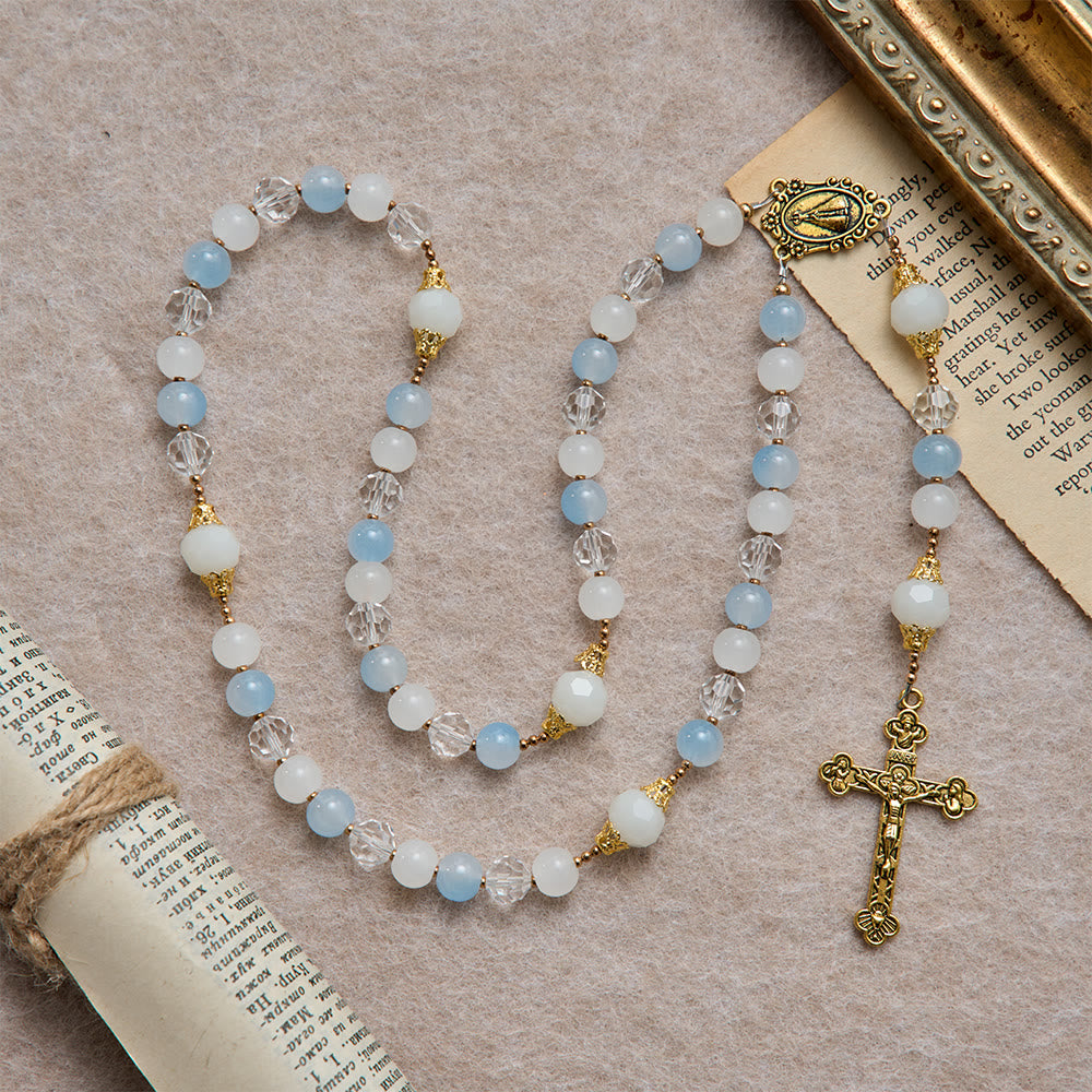 Cool Summer Glass Rosary With Faceted Glass & Our Lady of Aparecida Medallion