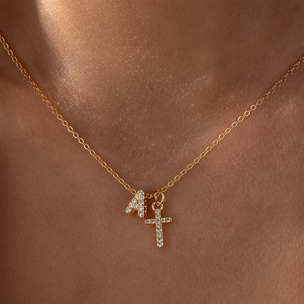 Custom Initial Letter A-Z Rhinestone Accent Cross Dual Charm Pendant Necklace: Timeless Emblem of Gentle Heavenly Guardianship