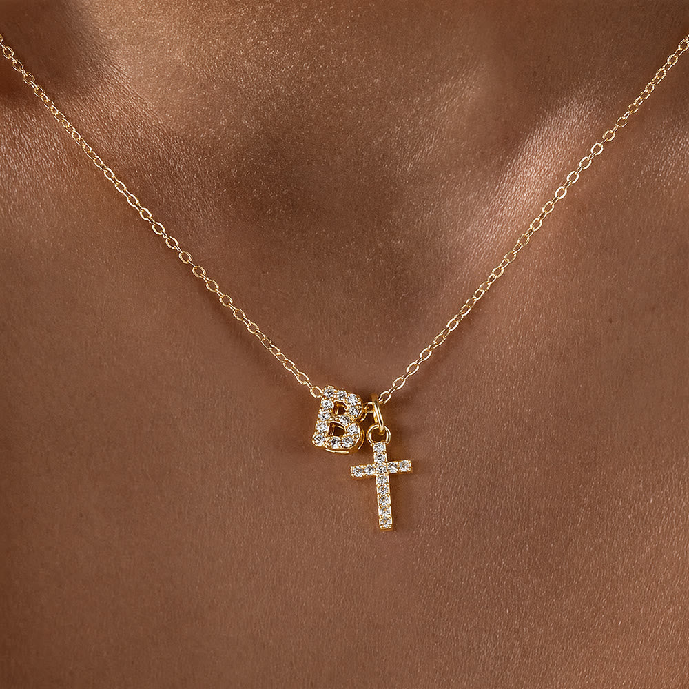 Custom Initial Letter A-Z Rhinestone Accent Cross Dual Charm Pendant Necklace: Timeless Emblem of Gentle Heavenly Guardianship