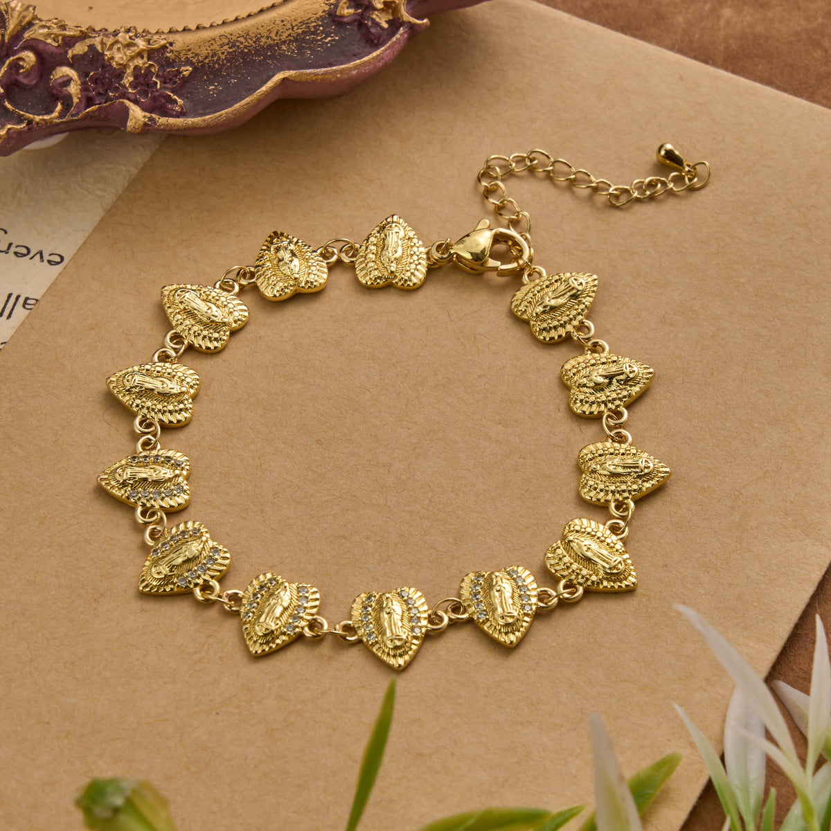 Our Lady of Guadalupe Heart Shaped Medallion Sparkle Trim Link Bracelet: Timeless Emblem of Gentle Heavenly Guardianship