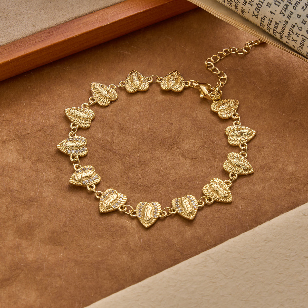 Our Lady of Guadalupe Heart Shaped Medallion Sparkle Trim Link Bracelet: Timeless Emblem of Gentle Heavenly Guardianship