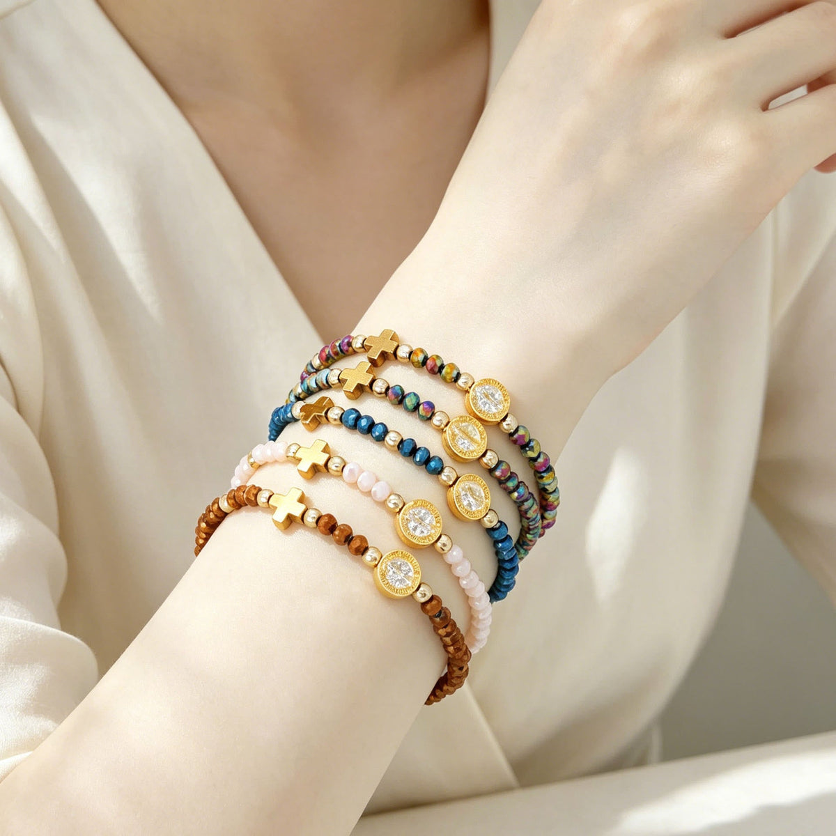 Saint Benedict Medal Cross Multi-Tone Bead Stretch Bracelet: Timeless Emblem of Gentle Heavenly Guardianship