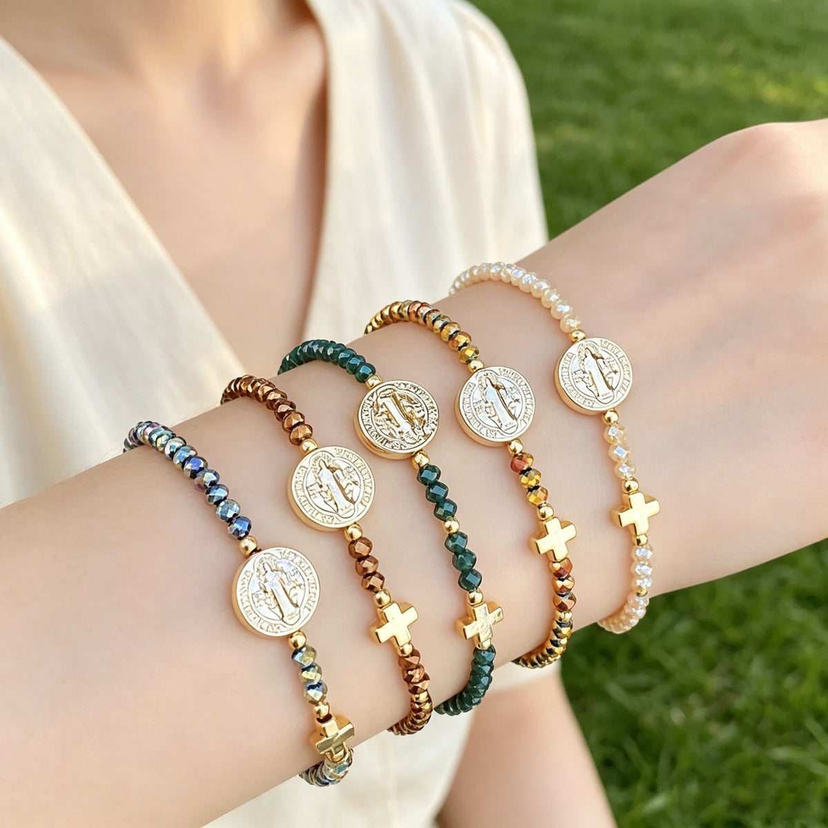Saint Benedict Medal Cross Multi-Tone Bead Stretch Bracelet: Timeless Emblem of Gentle Heavenly Guardianship