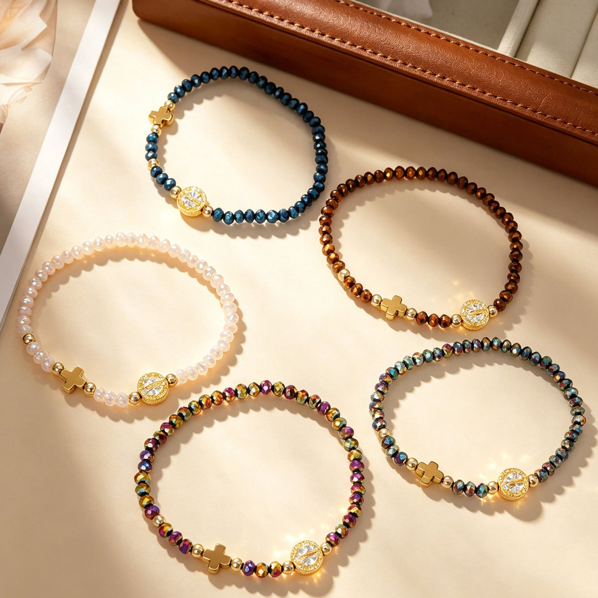 Saint Benedict Medal Cross Multi-Tone Bead Stretch Bracelet: Timeless Emblem of Gentle Heavenly Guardianship