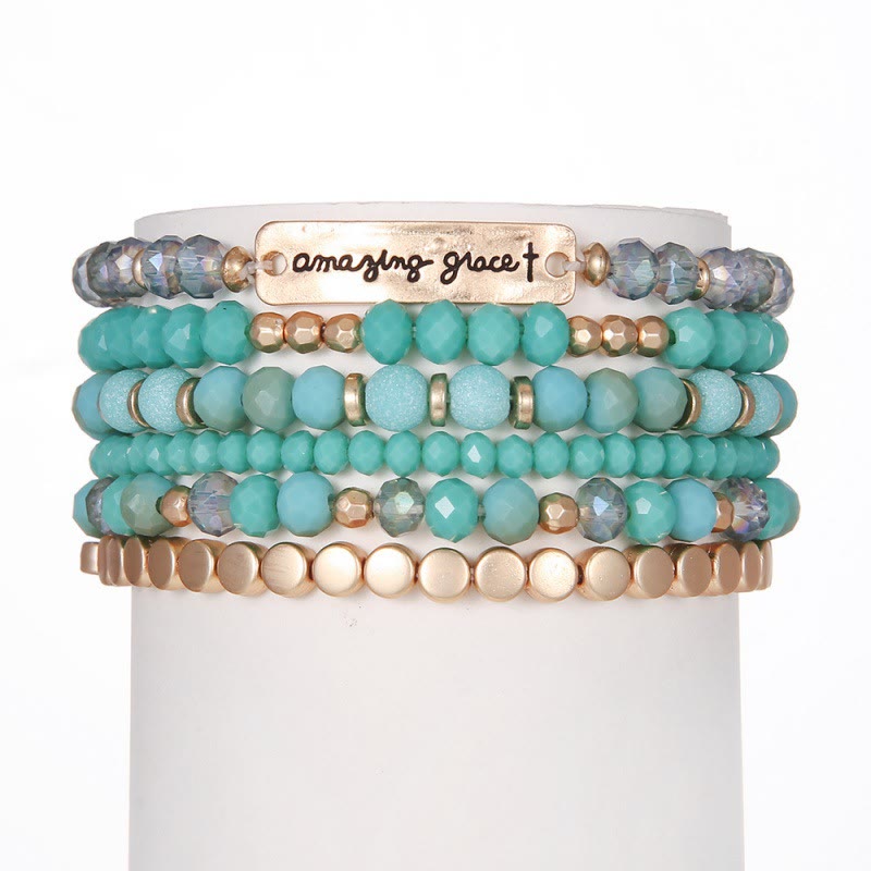 Amazing Grace Engraved Plate Multi-Tone Bead Stackable Single Stretch Bracelet: Timeless Emblem of Gentle Heavenly Guardianship