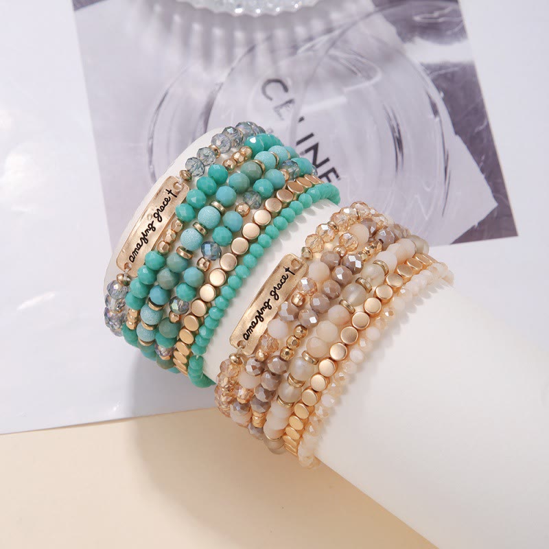 Amazing Grace Engraved Plate Multi-Tone Bead Stackable Single Stretch Bracelet: Timeless Emblem of Gentle Heavenly Guardianship