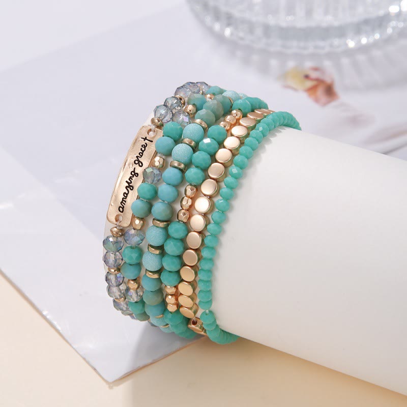 Amazing Grace Engraved Plate Multi-Tone Bead Stackable Single Stretch Bracelet: Timeless Emblem of Gentle Heavenly Guardianship