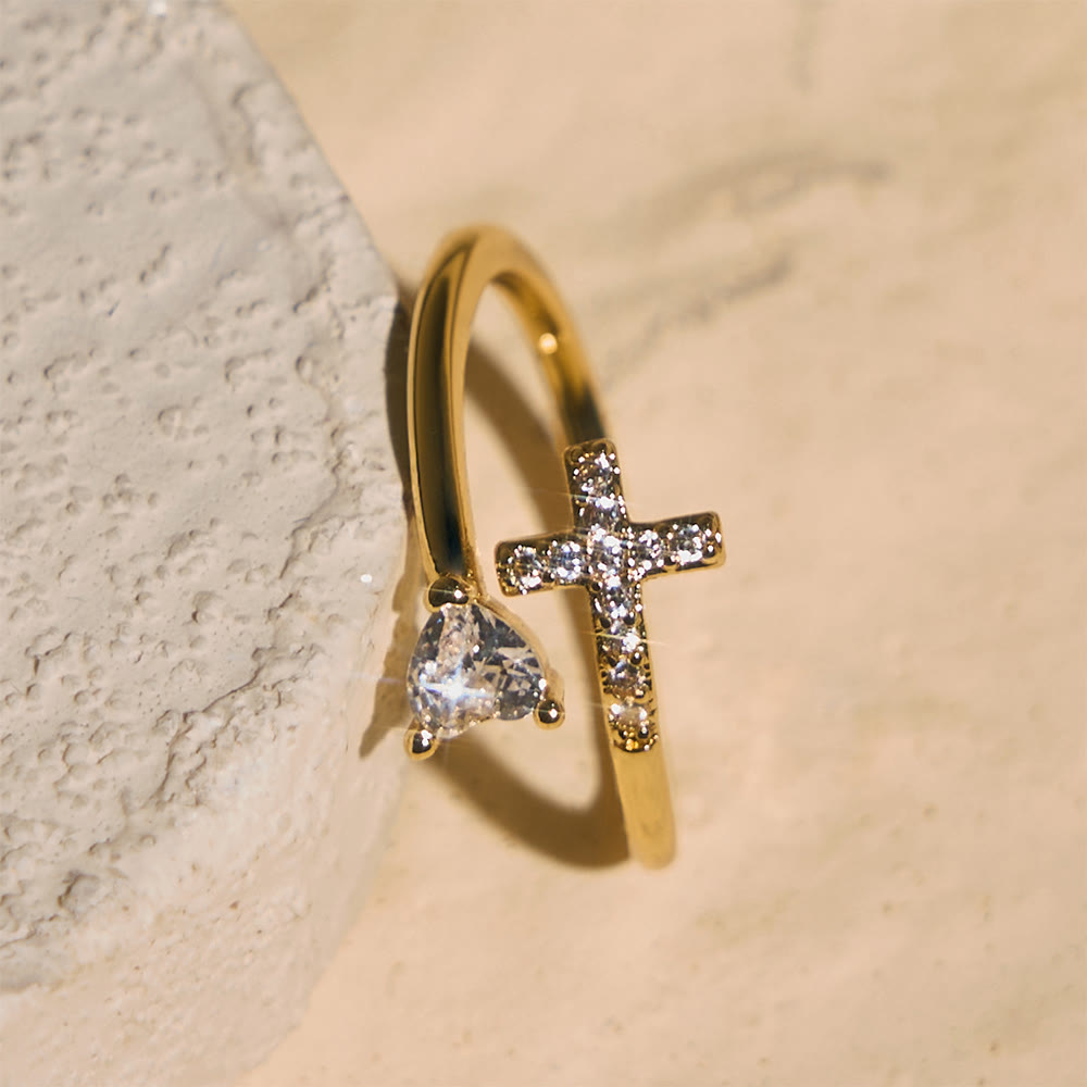 Two-Color Adjustable Ring with Paved Cross & Heart Zircon Accents: A Reminder of Sacred Grace