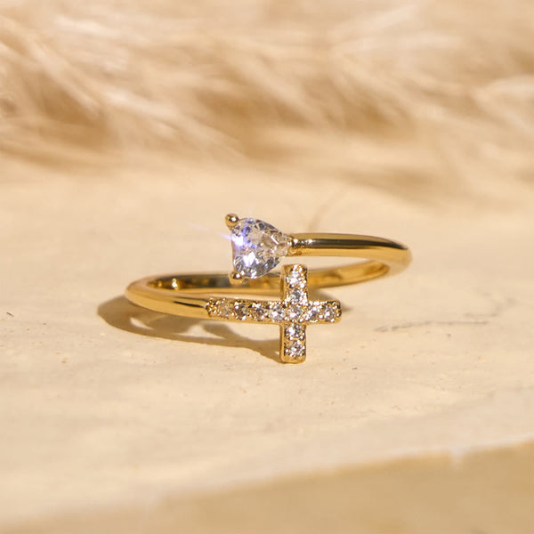Two-Color Adjustable Ring with Paved Cross & Heart Zircon Accents: A Reminder of Sacred Grace