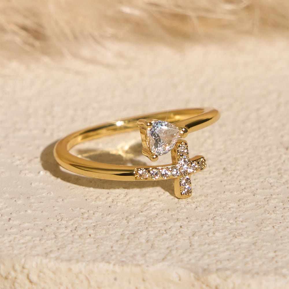Two-Color Adjustable Ring with Paved Cross & Heart Zircon Accents: A Reminder of Sacred Grace
