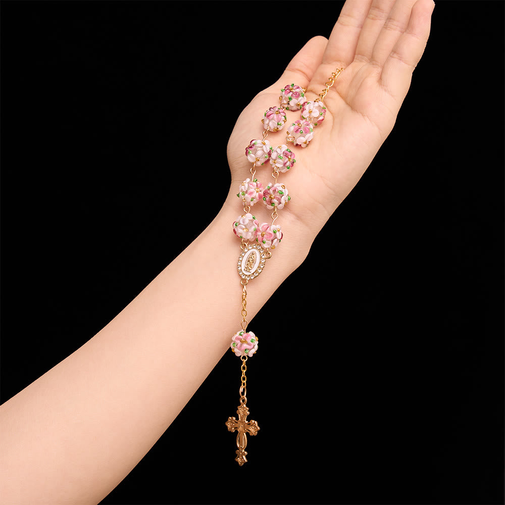 Ornate Jeweled Gold Cross Floral Glass Car Rosary: Token of Heavenly Travel Protection