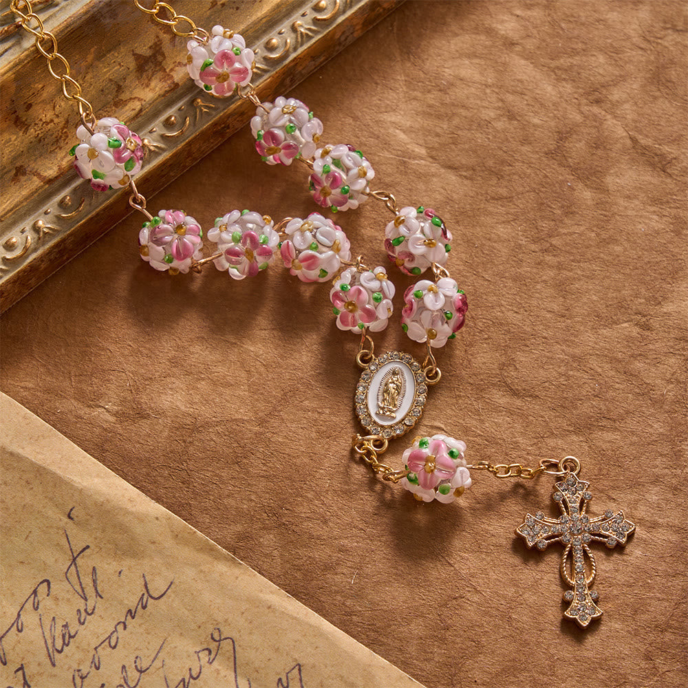 Ornate Jeweled Gold Cross Floral Glass Car Rosary: Token of Heavenly Travel Protection
