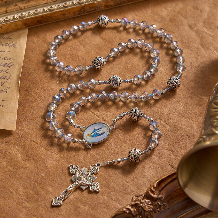 Iridescent Faceted Glass Rosary With Vintage Silver Spacers & Marian Enamel Medallion