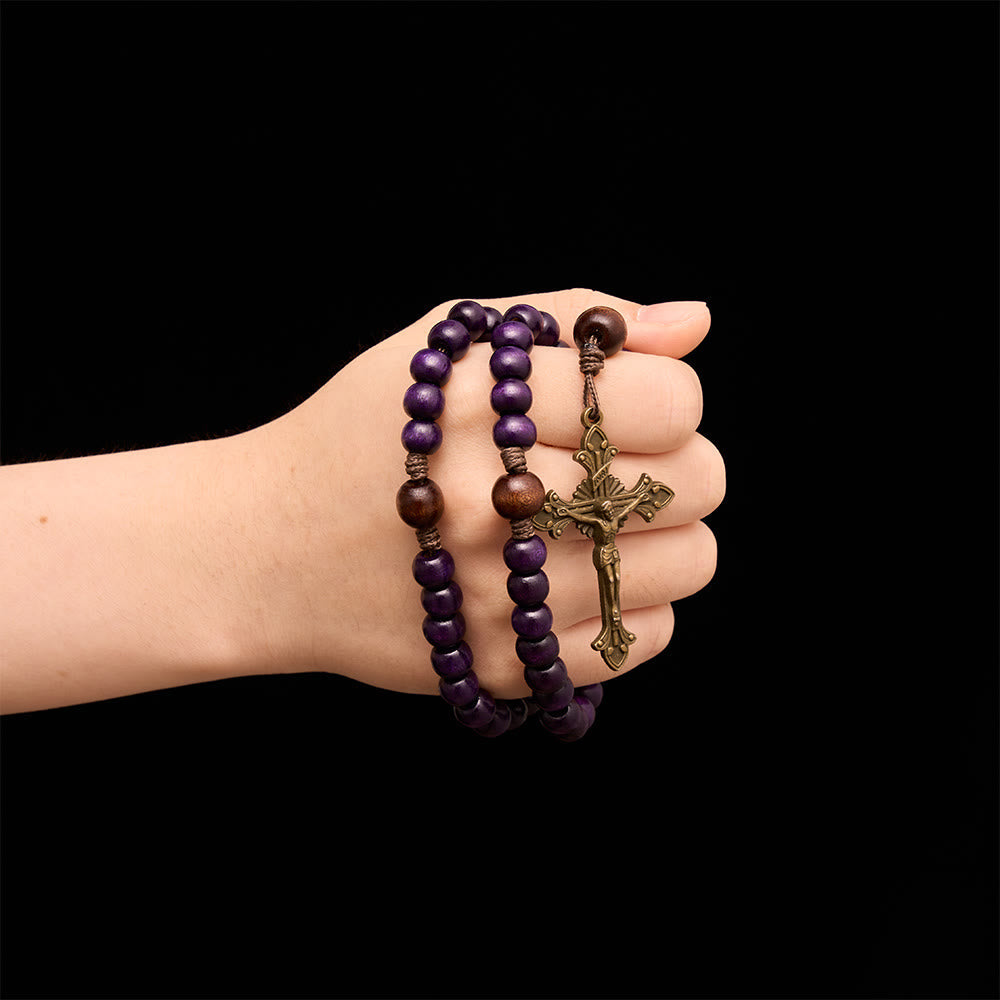 Purple Wooden Rosary With Bronze Crucifix & Embossed Holy Family Medallion