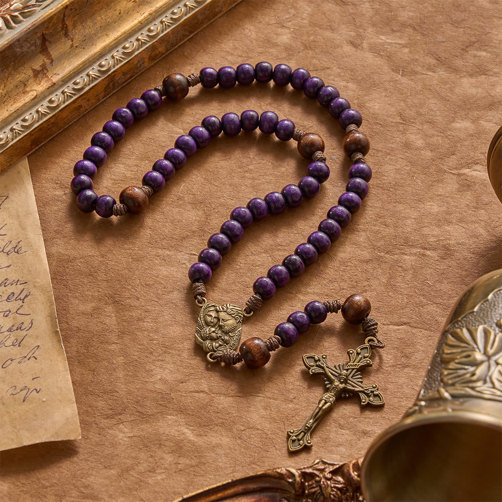 Purple Wooden Rosary With Bronze Crucifix & Embossed Holy Family Medallion