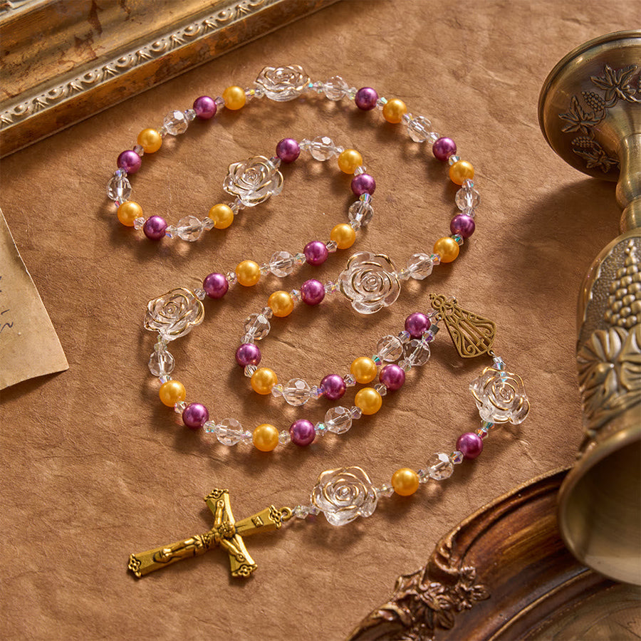 Molded Camellia Acrylic Rosary With Gilded Crucifix & Our Lady of Aparecida Filigree Medallion
