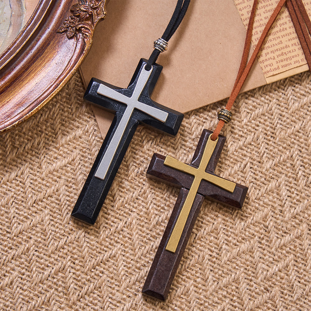 Minimalist Inlaid Metal Solid Wooden Cross Suede Cord Necklace: Emblem of Steadfast Heavenly Shelter