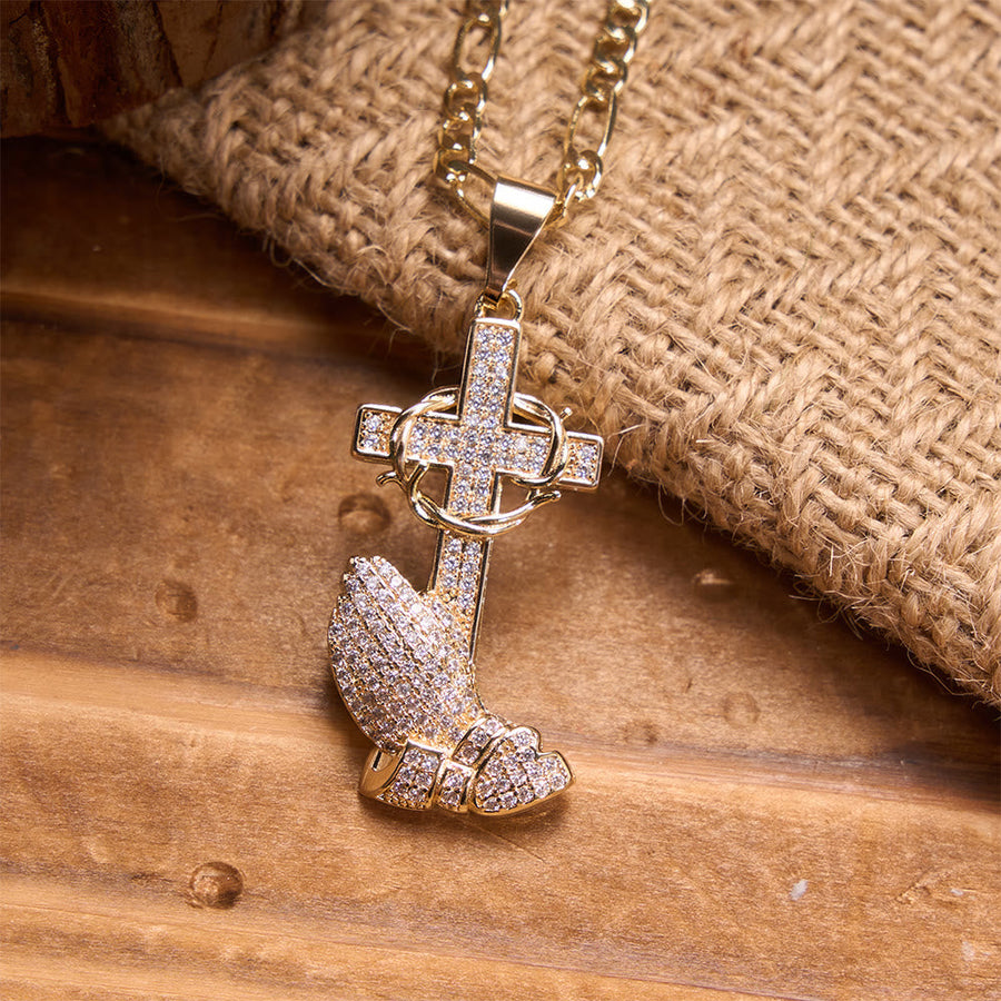 Full Pavé Crystal Thorn Cross Prayer Hands Figaro Chain Necklace: Emblem of Merciful Heavenly Redemption
