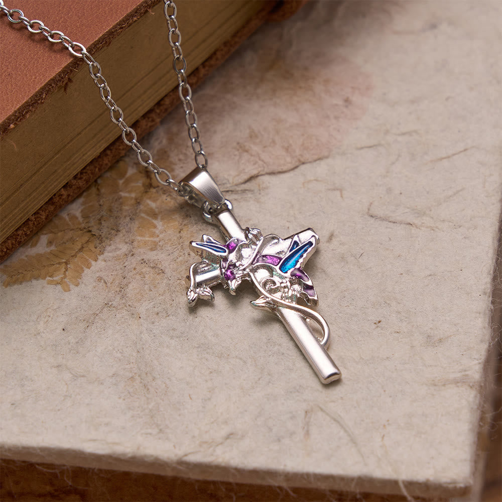 Hand Enamel Hummingbird Wrapped Slim Cross Chain Necklace: Emblem of Gentle Heavenly Blessing