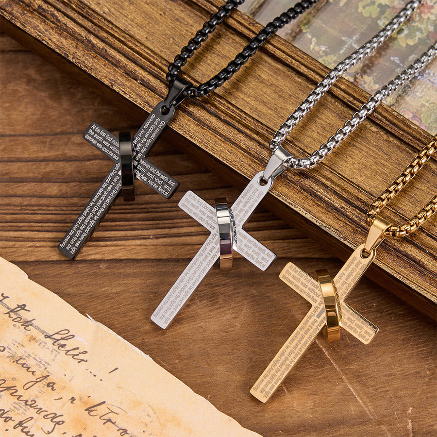 Ring Wrapped Laser Scripture Titanium Steel Cross Box Chain Necklace: Emblem of Everlasting Heavenly Promise
