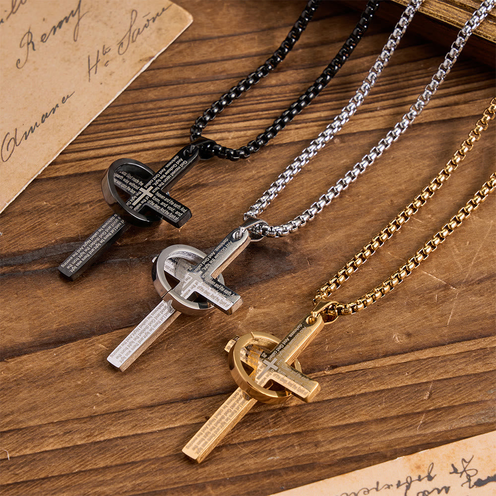 Ring Wrapped Laser Scripture Titanium Steel Cross Box Chain Necklace: Emblem of Everlasting Heavenly Promise