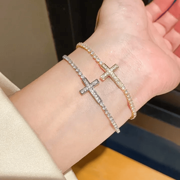 Full Pavé Sparkling Zircon Cross Pull Adjustable Tennis Bracelet: Emblem of Radiant Heavenly Guidance