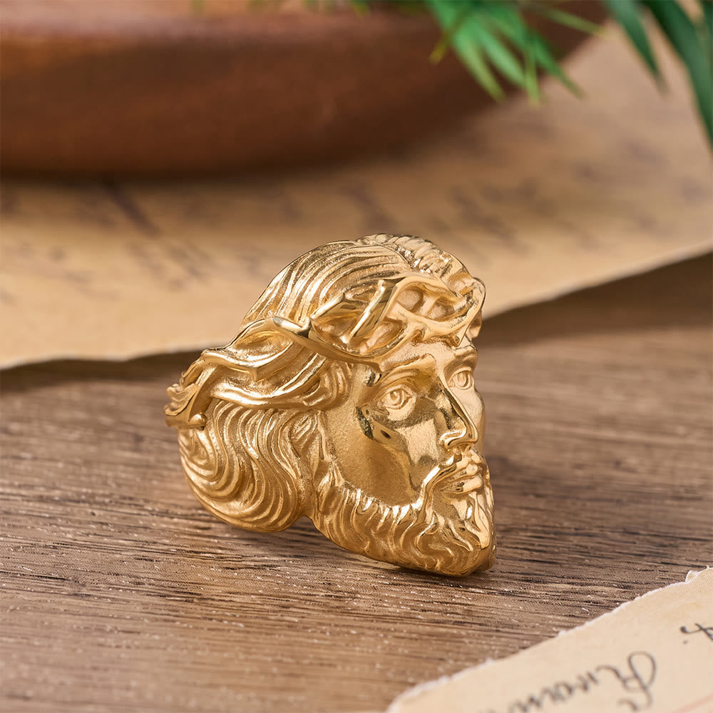 Solid Relief Crown of Thorns Holy Portrait Two-Tone Metal Statement Ring: Emblem of Boundless Heavenly Mercy